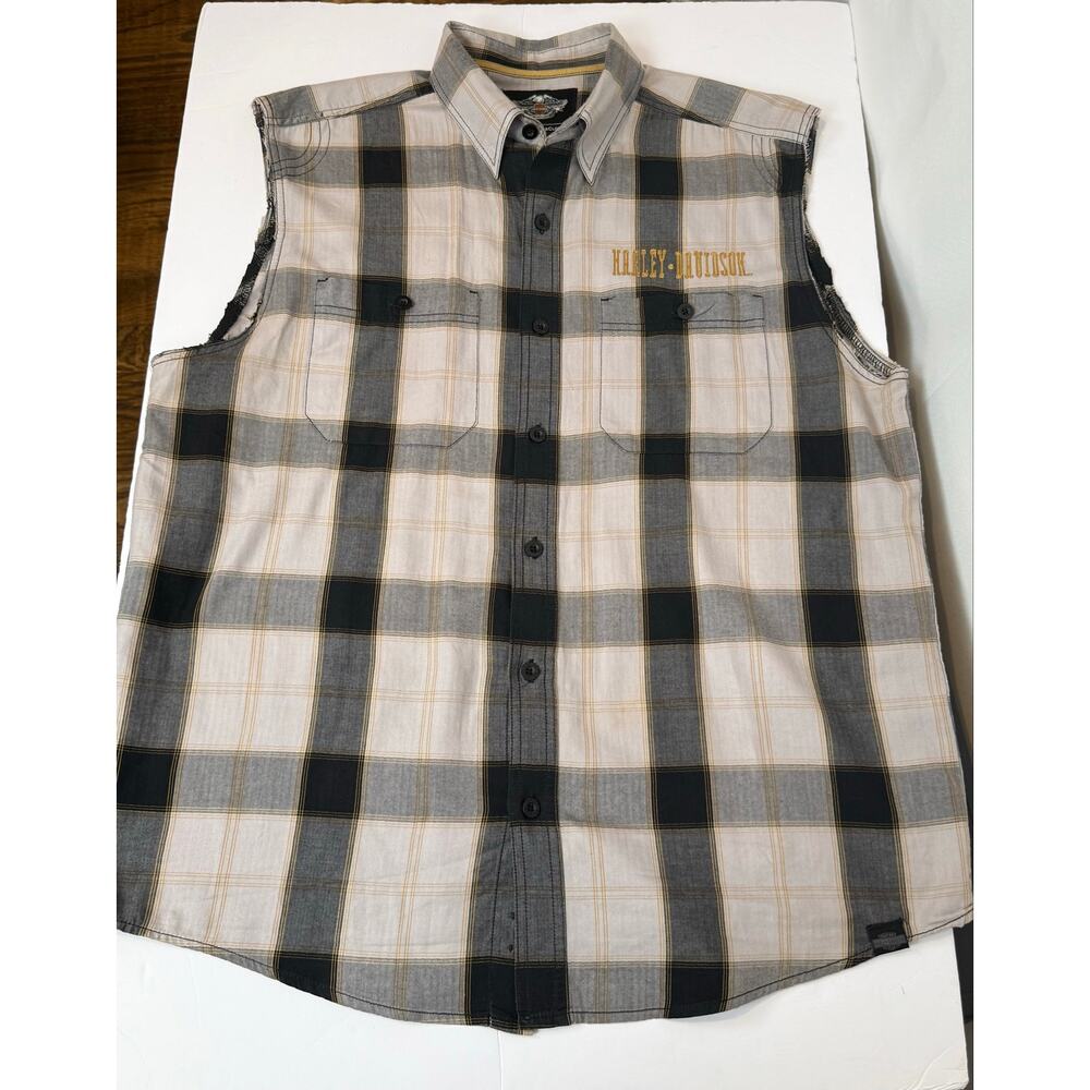 Harley Davidson MotorClothes Plaid Sleeveless Shirt Men's Large Gold Logo